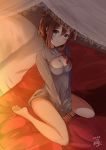 ahoge amagami_(makise_tsubaki) bed between_legs blue_eyes blush braid breasts brown_hair cleavage cleavage_cutout dated dress full_body hair_between_eyes hair_ornament hair_ribbon highres hips kantai_collection large_breasts long_hair long_sleeves looking_at_viewer pillow remodel_(kantai_collection) ribbon shigure_(kantai_collection) sidelocks signature single_braid sitting solo sweater sweater_dress transparent wariza 