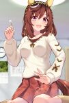  1girl atelier_z44 blurry blurry_background blush breasts buena_vista_(umamusume) casual collarbone hairband highres holding horse_girl horse_tail jewelry lap_pillow_invitation looking_at_viewer medium_breasts medium_hair necklace open_mouth purple_eyes seiza sitting socks solo tail umamusume 