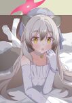  1girl :o absurdres animal_ears bed bed_sheet bell beret blue_archive blush bracelet chinese_commentary choker commentary_request dong_ye_(pixiv_38099362) dress earrings elbow_gloves floral_print gloves grey_hair halo hand_on_own_face hat highres jewelry long_hair looking_at_viewer lying michiru_(blue_archive) neck_bell no_shoes on_bed on_stomach pantyhose pillow purple_choker purple_gloves purple_hat raccoon_ears raccoon_girl raccoon_tail ring single_earring sleeveless sleeveless_dress soles solo tail the_pose toes white_pantyhose yellow_eyes 