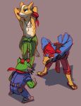 2017 amphibian anthro argument avian biped bird blue_body blue_feathers canid canine clothed clothing digital_media_(artwork) falco_lombardi feathers flip_flops flookz footwear fox fox_mccloud frog green_body group male mammal mechanic nintendo sandals shirtless shirtless_male shoes simple_background slippy_toad star_fox trio