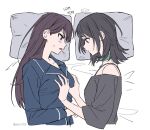  ... 2girls akni bang_dream! bang_dream!_it's_mygo!!!!! black_hair black_shirt blue_eyes blue_shirt brown_hair closed_mouth commentary grabbing_another's_breast groping korean_text long_hair long_sleeves multiple_girls off-shoulder_shirt off_shoulder open_mouth pajamas pillow purple_eyes shiina_taki shirt spoken_ellipsis sweatdrop three-quarter_sleeves translation_request untranslatable_commentary yahata_umiri yuri 