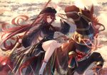  1girl absurdres argentrt black_nails black_shoes brown_hair brown_shirt brown_shorts bug butterfly closed_mouth cloud cloudy_sky commentary_request fire flower flower-shaped_pupils genshin_impact hair_between_eyes hat_ornament highres holding holding_polearm holding_weapon horse horseback_riding hu_tao_(genshin_impact) jewelry long_hair long_sleeves looking_at_viewer polearm red_eyes red_flower riding ring shirt shoes shorts sky smile socks solo symbol-shaped_pupils tailcoat thighs tongue tongue_out twintails very_long_hair weapon white_socks 