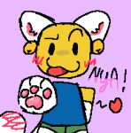 blush cat_tail clothing digital_media_(artwork) english_text footwear gesture hand_gesture heart_symbol humanoid legwear male microsoft_paint_(artwork) noob_(roblox) pictographics piekranksy pink_paws pointing pointing_at_viewer roblox roblox_avatar robloxian simple_background socks solo stockings text white_clothing white_footwear white_socks yellow_body yellow_skin