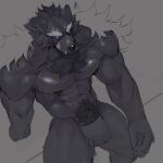 1boy abs absurdres animal_ears bara bark_man1 biceps black_fur blaidd_the_half-wolf bulge chest_hair collarbone commentary elden_ring fangs fangs_out furry furry_male highres looking_down male_focus muscular muscular_male nipples pectorals purple_eyes sitting topless_male unfinished wolf_boy wolf_ears 