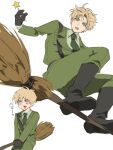 1boy asa4_okinasai axis_powers_hetalia belt black_belt black_boots black_gloves blank_eyes blonde_hair boots breast_pocket broom broom_riding collared_shirt commentary_request cowboy_shot floating_hair flying full_body gloves green_eyes green_jacket green_necktie green_pants green_shirt holding holding_wand jacket lapels long_sleeves looking_at_viewer looking_down male_focus military_jacket military_uniform multiple_views necktie open_mouth pants pocket shirt short_hair simple_background sitting smile star_(symbol) tongue united_kingdom_(hetalia) v-shaped_eyebrows wand white_background 