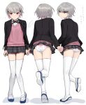  1boy ? ass black_jacket black_ribbon blue_shoes blush closed_mouth collared_shirt colored_inner_hair commentary_request crossdressing crossdressing_(mtf) dot_nose from_behind full_body grey_hair grey_skirt highres jacket long_sleeves looking_at_viewer looking_back male_focus miniskirt motion_lines multicolored_hair multiple_views open_clothes open_jacket original panties pink_hair pink_panties pink_vest plaid_clothes plaid_skirt pleated_skirt print_panties purple_eyes ribbon shadow shirt shoes short_hair simple_background skindentation skirt standing standing_on_one_leg sunaba_(nczd5875) thighhighs thighs translation_request trap two-tone_hair underwear vest white_background white_panties white_shirt white_thighhighs zettai_ryouiki 