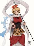  1girl absurdres animal_print bishamonten's_pagoda bishamonten's_spear black_hair black_ribbon blonde_hair breasts commentary_request dress hagoromo highres holding holding_polearm holding_weapon large_breasts long_sleeves multicolored_hair neck_ribbon polearm red_dress ribbon shawl short_hair signature simple_background smile solo spear tiger_print toramaru_shou touhou two-tone_hair weapon white_background white_shawl wide_sleeves yagoro_kusuriya yellow_eyes 
