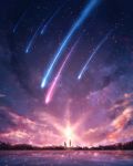  1girl cloud cloudy_sky czy_(2894456992) grass highres light_particles meteor_shower original outdoors plant reflection scenery shooting_star silhouette sky star_(sky) starry_sky sun sunset water 