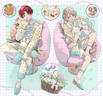  2boys alternate_costume alternate_hairstyle amagi_hiiro animal_ears basket blonde_hair blue_eyes bow bowtie braid bug butterfly carrot chair choker collared_shirt commentary crossed_ankles curtained_hair earrings easter_egg egg ensemble_stars! flower food fruit full_body gloves green_eyes hair_ornament hairclip hand_up hands_up happy_easter heart heart_hands highres jewelry knee_up long_sleeves male_focus mc_copycat multiple_boys on_chair petals pink_flower pink_petals pink_ribbon plate purple_flower purple_tulip rabbit_ears red_hair ribbon sandwich shiratori_aira_(ensemble_stars!) shirt short_hair shorts single_braid sitting strawberry stuffed_animal stuffed_rabbit stuffed_toy thigh_strap tulip untranslatable_commentary white_flower yellow_flower yellow_gloves yellow_tulip 