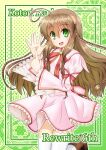  1girl :d \||/ ahoge anniversary boots bow braid brown_boots brown_hair commentary_request crown dress eyes_visible_through_hair feet_out_of_frame floating_hair flower frilled_dress frilled_sleeves frills green_background green_eyes green_pupils hair_between_eyes hair_flower hair_ornament highres huge_ahoge index_finger_raised juliet_sleeves kanbe_kotori kazamatsuri_institute_high_school_uniform kazuidi lace-up_boots long_hair long_sleeves looking_at_viewer mini_crown neck_ribbon open_mouth outline pink_dress pink_flower polka_dot polka_dot_background puffy_sleeves red_bow red_ribbon rewrite ribbon school_uniform sidelocks simple_background sleeve_bow smile solo thighhighs twin_braids very_long_hair white_outline white_thighhighs wide_sleeves zettai_ryouiki 