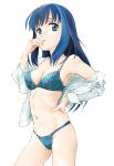  bangs blue_bra blue_eyes blue_hair blue_panties bra breasts cleavage commentary_request cowboy_shot dress_shirt eyebrows_visible_through_hair hand_on_hip hand_to_own_mouth highres lace lace-trimmed_bra long_hair looking_at_viewer magia_record:_mahou_shoujo_madoka_magica_gaiden mahou_shoujo_madoka_magica marutaya medium_breasts nanami_yachiyo navel no_pants off_shoulder open_clothes open_shirt panties parted_lips partial_commentary ribs shirt skindentation sleeves_rolled_up solo standing string_panties thighs underwear white_shirt 