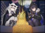  2girls animal_ears arknights black_boots black_gloves black_hat black_jacket black_pantyhose black_shirt boots brown_gloves building disgust ears_through_headwear eyewear_on_head fireworks fold-over_boots food fruit gloves grey_eyes grey_necktie hat jacket jewelry lappland_(arknights) lappland_the_decadenza_(arknights) lappland_the_decadenza_(unruly_humbleness)_(arknights) long_hair mebe_(teadia_violet) multiple_girls multiple_rings necktie pants pantyhose pineapple pineapple_on_pizza pizza ponytail purple_shirt ring scar scar_across_eye scar_on_face shirt solo squatting striped_clothes striped_shirt tail texas_(arknights) texas_the_omertosa_(arknights) texas_the_omertosa_(il_segreto_della_notte)_(arknights) vertical-striped_clothes vertical-striped_shirt white_pants wolf_ears wolf_girl wolf_tail yellow_gloves 