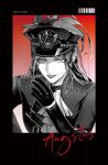  1girl ascot augustus_(path_to_nowhere) black_gloves drinkinghi feather_hair_ornament feathers gloves greyscale hair_ornament hat highres lipstick long_hair looking_at_viewer makeup military_hat military_uniform monochrome path_to_nowhere smeared_lipstick smile solo upper_body 