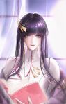  1girl blue_eyes bodysuit book commentary_request facing_viewer hair_ornament highres holding holding_book isomer_(path_to_nowhere) light_smile looking_at_viewer path_to_nowhere purple_hair qianqi solo upper_body white_bodysuit 