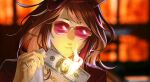  1girl a_better_tomorrow blurry blurry_background brown_hair fire forever_young_(umamusume) highres holding holding_money jewelry long_hair money red-tinted_eyewear ring ruukii_drift smoking solo tinted_eyewear umamusume 