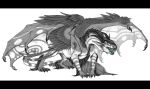 2016 arsauron black_bars digital_media_(artwork) dragon feathered_dragon feathers female feral greyscale monochrome simple_background solo standing white_background 
