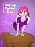 2026 anthro biped black_nose bottomwear box brown_eyes buckteeth clothed clothing container easter english_text eye_markings front_view fur hair heterochromia hi_res holidays lagomorph leporid lizardage looking_at_viewer male mammal markings open_mouth pants pattern_bottomwear pattern_clothing pattern_pants pink_body pink_eyes pink_fur pink_hair pink_markings purple_clothing purple_shirt purple_topwear rabbit scut_tail shirt short_hair short_tail solo standing striped_bottomwear striped_clothing striped_pants stripes tail teeth text tongue topwear