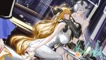  2girls absurdres alternate_costume animal_ears arknights bare_arms bare_shoulders black_dress black_horns blonde_hair blue_eyes breast_press breasts brown_horns candle chinese_commentary cleavage closed_mouth commentary_request cross cross_earrings degenbrecher_(arknights) dragon_girl dragon_horns dress earrings evening_gown eye_contact face-to-face feet_out_of_frame flower goat_ears goat_girl goat_horns grey_hair hair_between_eyes hair_over_one_eye hand_on_another's_cheek hand_on_another's_face hand_on_another's_head hand_on_another's_hip highres horns indoors jewelry large_breasts long_hair looking_at_another madana_gege multiple_girls multiple_horns necklace necrass_(arknights) night one_eye_covered parted_lips pearl_necklace signature sitting smile very_long_hair white_dress white_flower yellow_eyes yuri 