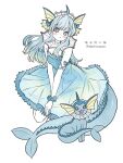  1girl :o arm_ribbon blue_dress blue_hair blush bow breasts cleavage commentary_request dress extra_ears fins forked_tail frilled_dress frills grey_eyes head_fins headdress highres kneeling long_hair looking_at_viewer natsun_(4869ntmmmmm) open_mouth personification pokemon pokemon_(creature) ribbon sidelocks tail twitter_username vaporeon white_background 