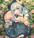  1girl :d \||/ absurdres arm_up artist_name back_bow black_bow black_hat black_ribbon black_thighhighs blouse blush bow braid buttons commentary contrast_collar cowboy_shot day diamond_button disembodied_linked_eye dot_nose eyeball finger_to_mouth floral_print flower frilled_shirt_collar frilled_skirt frilled_sleeves frills green_eyes green_hair green_nails green_skirt hair_between_eyes hair_bow hand_up hat hat_bow hayu_(hayu_e) heart heart_in_eye heart_of_string highres koishi_day komeiji_koishi long_sleeves looking_at_viewer medium_hair nail_polish open_mouth orange_flower orange_rose outdoors pink_flower pink_rose print_skirt purple_flower purple_rose raised_eyebrows ribbon rose rose_print shirt side_braid skirt smile solo sparkle standing star_(symbol) symbol_in_eye thighhighs touhou twitter_username watermark wide_sleeves yellow_bow yellow_flower yellow_rose yellow_shirt zettai_ryouiki 