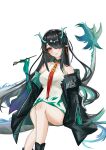  1girl absurdres arknights black_hair black_jacket blush breasts china_dress chinese_clothes closed_mouth commentary_request dragon_girl dragon_horns dress dusk_(arknights) earrings eastern_dragon_horns green_hair hair_over_one_eye highres holding holding_paintbrush horns jacket jewelry long_hair long_sleeves medium_breasts orange_eyes paintbrush pointy_ears simple_background sleeveless sleeveless_dress solo tassel tassel_earrings very_long_hair white_background zikongyexixi 