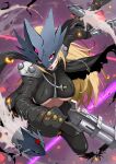  1girl beelstarmon black_coat black_gloves black_pants blonde_hair breasts coat commentary_request digimon digimon_(creature) digimon_story:_time_stranger eye_mask gloves highres large_breasts leather long_hair mask pants sawa_d solo third_eye underboob vest weapon 