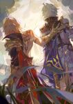  2boys absurdres ancient_greek_clothes antenna_hair armor belt black_belt black_shirt blonde_hair blue_cape body_markings cape cloud cloudy_sky cocoballking day from_behind gauntlets gold_necklace gold_trim greco-roman_clothes grey_hair hand_on_another's_back hand_up highres honkai:_star_rail honkai_(series) jacket jewelry long_sleeves male_focus medium_hair multicolored_hair multiple_boys muscular muscular_male mydei_(honkai:_star_rail) necklace outdoors phainon_(honkai:_star_rail) red_cape red_hair shirt short_hair shoulder_armor single_bare_shoulder sky standing sun_symbol sunlight two-tone_hair white_jacket yellow_sky 