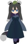  1girl animal_ears blue_eyes blue_hakama blunt_bangs bow bright_pupils expressionless front_bow full_body funamusea funamusea_(artist) grey_hair hakama hofuru_(funamusea) japanese_clothes kimono leaf leaf_on_head long_hair long_sleeves multicolored_hair official_art raccoon_ears raccoon_tail sandals simple_background solo standing tail two-tone_hair white_background white_pupils wide_sleeves zouri 