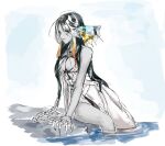  1girl arm_support black_hair black_lips chain colored_skin commentary_request dress grey_skin harness jrnc23 korean_commentary lamia_(path_to_nowhere) long_hair multicolored_hair o-ring o-ring_harness on_rock orange_streaks partially_submerged path_to_nowhere silver_claws streaked_hair two-tone_hair white_dress white_eyes 