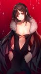  bangs black_dress blush breasts brown_hair center_opening cleavage consort_yu_(fate) dress eyebrows_visible_through_hair fate/grand_order fate_(series) fur_collar fur_trim gradient gradient_background head_tilt highres large_breasts long_hair looking_at_viewer medium_breasts navel popupi red_background red_eyes red_hair sidelocks simple_background solo water_drop 