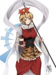  1girl absurdres animal_print bishamonten's_pagoda bishamonten's_spear black_hair black_ribbon blonde_hair breasts commentary_request dress hagoromo highres holding holding_polearm holding_weapon large_breasts long_sleeves multicolored_hair neck_ribbon polearm red_dress revision ribbon shawl short_hair signature simple_background smile solo spear tiger_print toramaru_shou touhou two-tone_hair weapon white_background white_shawl wide_sleeves yagoro_kusuriya yellow_eyes 