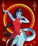 2026 2_horns absurd_res anthro asian_clothing biped black_hair blue_eyes braided_hair braided_ponytail breasts chinese_clothing chinese_dress chinese_zodiac claws clothed clothing countershade_scales countershade_tail countershade_torso countershading dragon dress east_asian_clothing eastern_dragon eyebrows female front_view grey_body grey_scales hair hi_res horn lizardage long_hair looking_at_viewer mythological_creature mythological_scalie mythology navel_outline nipple_outline panties ponytail pose red_clothing red_dress red_panties red_underwear scales scalie small_breasts solo tail underwear white_body white_countershading white_scales year_of_the_dragon