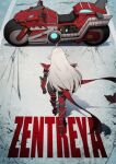 1girl ahoge akira_(manga) akira_movie_poster armor black_bodysuit bodysuit character_name commentary english_commentary facing_away indie_virtual_youtuber karandrawz long_hair motor_vehicle motorcycle red_armor red_scarf scarf solo very_long_hair virtual_youtuber white_hair zentreya zentreya_(cyborg) zentreya_(cyborg)_(zenrider) 