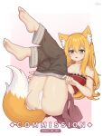  1girl absurdres animal_ear_fluff animal_ears artist_name barefoot black_eyes blush border breasts cameltoe claws cleavage clothes_pull collarbone commentary commission crop_top english_commentary fox_ears fox_girl fox_tail gradient_background grey_pants highres legs_together legs_up long_hair looking_at_viewer lying mo_(k40633) on_back open_mouth orange_hair original panties pants pants_pull pink_background red_shirt shirt signature soles solo strap_slip sweatdrop tail thighs toes twitter_username underwear white_background white_border white_panties 