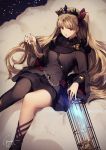  asymmetrical_legwear bangs black_cape black_legwear blonde_hair breasts buckle cape commentary detached_collar earrings ereshkigal_(fate/grand_order) eyebrows_visible_through_hair fate/grand_order fate_(series) fur-trimmed_cape fur_trim hair_ribbon hand_in_hair holding holding_hair jewelry kyouya_(mukuro238) light long_hair looking_at_viewer multicolored multicolored_cape multicolored_clothes nail_polish necklace open_mouth parted_bangs purple_nails reclining red_cape red_eyes red_ribbon ribbon single_thighhigh skull solo thighhighs tiara twintails two_side_up 