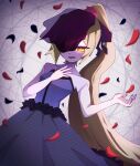  1girl akita_neru bare_shoulders black_ribbon black_veil blonde_hair collarbone commentary dress elbow_gloves english_commentary falling_petals fishnets flower gloves glowing glowing_eye grey_dress hair_flower hair_ornament hair_ribbon hand_on_own_chest highres katayoku_no_utahime_(vocaloid) long_hair looking_at_viewer open_mouth petals ponytail red_flower red_petals ribbon saw_art06 smile veil very_long_hair vignetting vocaloid white_gloves yellow_eyes 