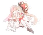  bangs bare_shoulders black_bow black_footwear bow byuura_(sonofelice) cheek_kiss closed_eyes commentary_request fate/grand_order fate_(series) gloves hat hug kiss long_hair marie_antoinette_(fate/grand_order) medb_(fate)_(all) medb_(fate/grand_order) multiple_girls no_nose open_mouth pink_hair red_gloves red_hat silver_hair sitting tiara very_long_hair white_background white_footwear yuri 