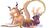  1girl absurdres airtair arknights bare_shoulders barefoot bespectacled blonde_hair book chinese_commentary closed_mouth collarbone colored_extremities commentary_request dragon_girl dragon_horns dragon_tail earrings feet full_body glasses grey_eyes hair_between_eyes hair_intakes highres horns jacket jewelry long_hair looking_at_viewer lying multicolored_hair necklace off_shoulder on_stomach open_book pointy_ears purple_hair semi-rimless_eyewear shu_(arknights) simple_background soles solo split_mouth tail the_pose toes under-rim_eyewear very_long_hair white_background white_hair white_jacket 