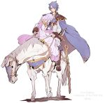  1girl 2boys armor baby blue_cape blue_eyes blue_hair boots bridle brown_boots cape carrying carrying_baby carrying_person closed_eyes closed_mouth copyright_name deirdre_(fire_emblem) fire_emblem fire_emblem:_genealogy_of_the_holy_war floating_cape grey_hair hair_over_one_eye highres holding holding_reins horse horseback_riding husband_and_wife long_sleeves mage_staff multiple_boys parent_and_child pink_cape reins riding saddle seliph_(fire_emblem) shoulder_armor sigurd_(fire_emblem) simple_background smile staff stirrups_(riding) sword watermark weapon white_background white_horse yoshinaga_yunosuke 