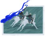  1boy 1girl black_cape blonde_hair blue_surcoat boots border brother_and_sister burning burning_photo cape commentary duchess_(elden_ring) earrings elden_ring elden_ring_nightreign english_commentary flat_color full_body grass highres horseback_riding jewelry jinillustration looking_at_another low_ponytail outdoors parted_bangs photo_(object) ponytail riding scenery short_hair siblings single_earring thigh_boots white_background white_border white_horse wylder_(elden_ring) 