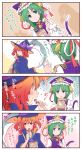  4koma bag bangs black_hat blue_eyes blush bow candy cat_tail comic commentary_request fake_tail food green_hair hair_between_eyes halloween_costume hat hat_bow highres holding holding_candy holding_scythe kitsune_maru lollipop medium_hair multiple_girls onozuka_komachi paper_bag purple_bow red_eyes red_hair scythe shiki_eiki smile sweat tail tongue tongue_out touhou translation_request upper_body witch_hat 