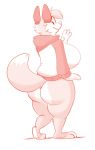  anthro big_breasts big_butt blush bottomless breasts butt canine clothed clothing female fox hi_res huge_breasts looking_back mammal overweight overweight_female simple_background smile solo titsunekitsune zera_(titsunekitsune) 