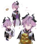  1boy :o ^_^ black_jacket black_shirt blush capelet chest_jewel chicken_(food) closed_eyes collared_capelet commentary_request crossed_bangs dragon_boy dragon_horns dragon_wings durin_(genshin_impact) eating flower food gem genshin_impact hair_between_eyes happy heart highres holding holding_food horns jacket looking_to_the_side male_focus medium_hair non_non291 notice_lines pancake pancake_stack pants parted_lips plate purple_hair shirt solo speech_bubble upper_body white_background white_pants wings 