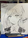  1girl absurdres art_tools_in_frame blazer blush bow bowtie closed_mouth collared_shirt commentary_request crosshatching dated expressionless greyscale hatching_(texture) highres jacket kinjo_maika kurumibashi_school_uniform linear_hatching long_hair looking_at_viewer love_live! love_live!_hasu_no_sora_jogakuin_school_idol_club love_live!_hasu_no_sora_jogakuin_school_idol_club_bloom_garden_party marker_(medium) monochrome photo_(medium) pleated_skirt portrait school_uniform shamakho shikishi shirt skirt solo traditional_media 
