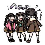  3girls :d animification aqua_neckerchief black_hair brown_dress brown_eyes brown_shoes commentary_request dress full_body hasu_no_sora_school_uniform kan_kanna kurusu_rin loafers long_sleeves looking_at_another love_live! love_live!_hasu_no_sora_jogakuin_school_idol_club medium_dress mira-cra_park! multiple_girls neckerchief open_mouth pleated_dress puff_of_air real_life red_neckerchief sailor_collar sailor_dress school_uniform shinanoya_(satanicad) shoes simple_background smile socks tsukine_kona twintails voice_actor white_background white_sailor_collar white_socks winter_uniform yellow_neckerchief 