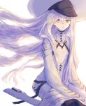  1girl aizoubijutsukan artist_name blue_archive breasts colored_skin commentary floating_hair highres large_hat long_hair looking_at_viewer malkuth_(blue_archive) sitting sleeves_past_fingers sleeves_past_wrists small_breasts solo symbol-shaped_pupils twitter_username wariza white_hair white_skin x-shaped_pupils yellow_eyes 