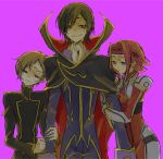  2boys arm_hug ashford_academy_uniform black_hair blue_eyes brown_hair cape code_geass commentary_request graphite_(medium) half-closed_eyes headband hug inuneko_(dcwn) kallen_stadtfeld lelouch_lamperouge multiple_boys pilot_suit purple_eyes red_hair rolo_lamperouge school_uniform short_hair traditional_media 