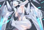  1girl absurdres armpits bodysuit breasts chinese_commentary cinderella_(nikke) cleavage_cutout clothing_cutout commentary energy goddess_of_victory:_nikke hair_ornament hair_over_one_eye highres impossible_bodysuit impossible_clothes large_breasts leg_cutout long_hair looking_at_viewer miniskirt navel red_eyes see-through_clothes see-through_skirt sideboob skirt solo stomach stomach_cutout taiyang_yu twintails white_bodysuit white_hair 