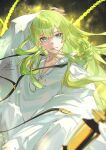 1other androgynous aqua_eyes arm_up chain closed_mouth commentary enkidu_(fate) enkidu_(weapon)_(fate) fadingz fate/grand_order fate_(series) green_hair long_hair looking_at_viewer other_focus pixiv_id robe signature solo white_robe 
