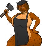  2018 anthro apron big_breasts black_nose breasts brown_spots canine cleavage clothed clothing danni_blade_(lildredre) digital_media_(artwork) ear_piercing female fur hair hammer hat hayakain hi_res huge_breasts hyena looking_at_viewer mammal naked_apron open_mouth piercing simple_background smile solo spots standing thick_thighs tools voluptuous weapon white_background wide_hips 